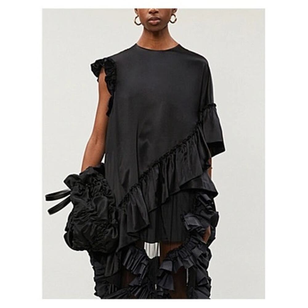 Simone Rocha black asymmetric frilled-trim silk top Sz S